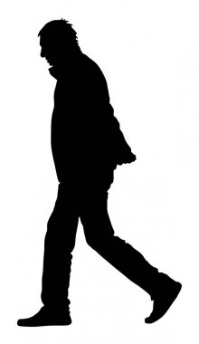 Yaşlı endişe adam kişi yürüyen vektör siluet illüstrasyon. Büyükbaba vektör karakteri beyaz arka planda izole. Kıdemli olgun sağlık hizmetleri. Yaşlı insanlar aktif yaşam.