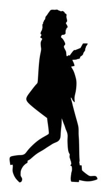 İş kadını cep telefonu siluetinde konuşuyor. Kadın yürüyen vektör illüstrasyon beyaz arka plan üzerinde izole. Aktif bayan şehir sahnesi. Internet üzerinde online hikaye ile Selfie. Wi fi etrafında bulma