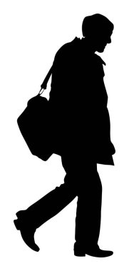 Kendine güvenen bir lider ayakta. İşadamı vektör siluet illüstrasyon çalışmaya gidin. Bavulu olan süitteki yakışıklı adam dizüstü bilgisayar taşıyor. Ayakta sıradan poz. Avukat adam yürüyor. Genç yuppie avukat. Gizli ajan.