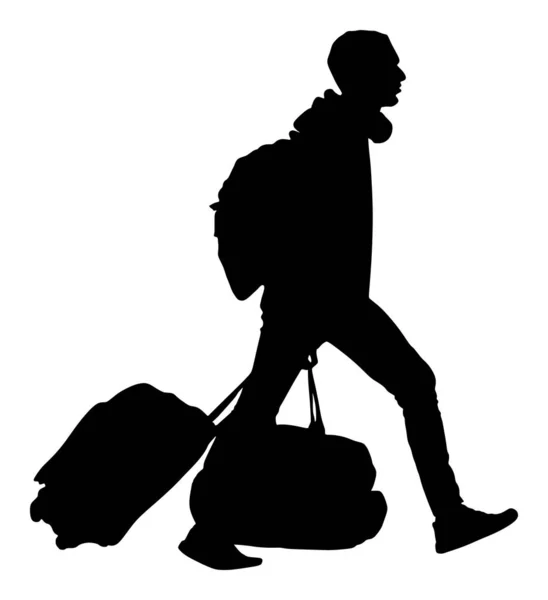 白い背景に隔離された彼のローリングスーツケースベクトルシルエットイラストを運ぶ観光客の旅行者 バックパックを持つ観光客は孤立しています 走行中の男性乗客 手荷物旅行の少年 — ストックベクタ