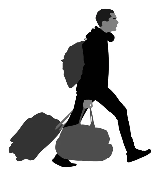 白い背景に隔離された彼のローリングスーツケースベクトルシルエットイラストを運ぶ観光客の旅行者 バックパックを持つ観光客は孤立しています 走行中の男性乗客 手荷物旅行の少年 — ストックベクタ