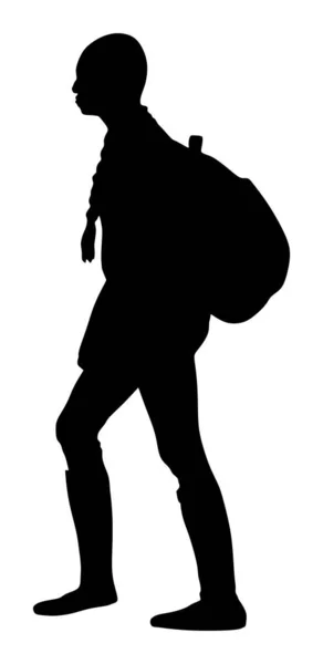 ポニーテールとバックパックベクトルシルエットイラストを持つ観光少女 ヒップスターの乗客が歩いてるハイキングを旅行するキャンプ女性 世界中の旅行者 コラージュ女の子 学生の歩行 — ストックベクタ