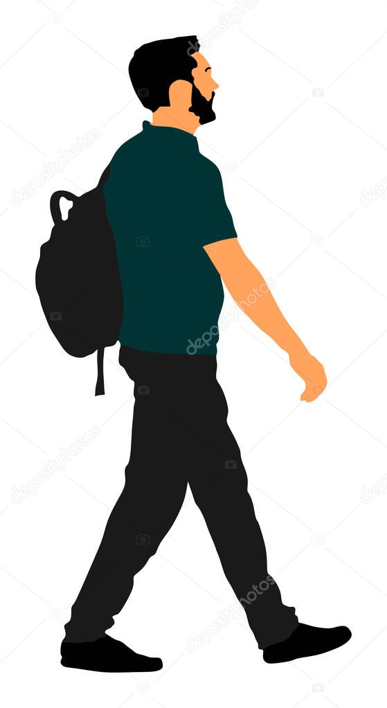 Tourist man with backpack vector illustration isolated on white background. Male passenger walking. Urban traveler. Travel boy walking.