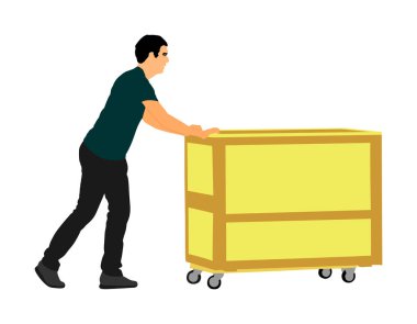 Teslimatçı, kutu dolusu mal vektörü taşıyor. Paketli postacı. Dağıtım tedariki. Taşıma hizmeti için ağır yük tutan çocuk. Kullanışlı adam hareket halinde. Sepetle el taşıma yöntemi.
