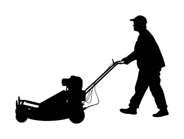 Bahçıvan adam çim biçme çim biçme vektör siluetbiç biçme. Çim düzeltici kesim. Profesyonel bahçe işçisi. Peyzajcı parktaki kamu alanını kesti. Tarım makineleri ile çiftçi. avlunun güzelleştirilmesi.