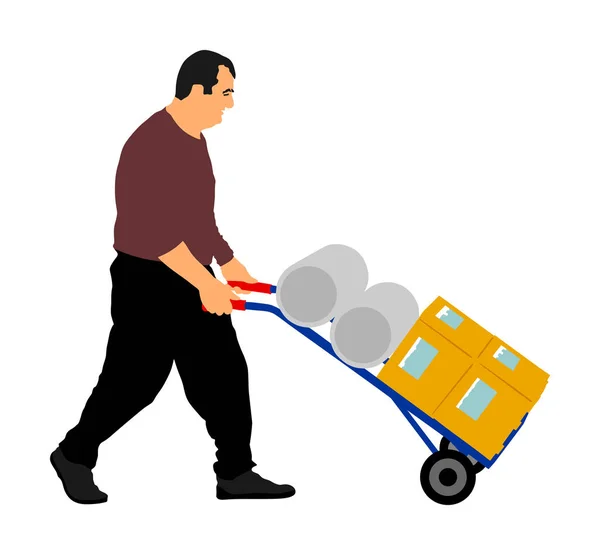 Worker man pushing wheelbarrow vector illustration isolated on white background. Walking delivery man moving package  by cart. Service moving transport. Warehouse job activity. Distribution  purchase.