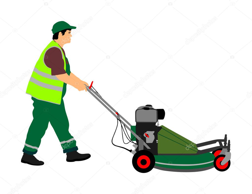 Gardener man mowing lawn mower vector illustration. Grass trimmer cutting. Professional garden worker. Landscaper cut public field in park. Farmer with agricultural machinery. beautification of yard.