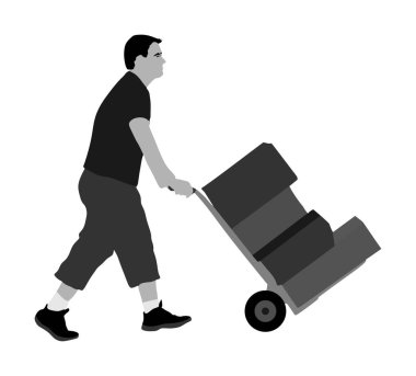 Sıkı çalışan el arabası iterek ve beyaz arka plan üzerinde izole büyük kutu vektör illüstrasyon taşır. Teslimatçı, paket taşıma yı sepetle taşıyor. Servis taşıma taşımacılığı. Depo iş aktivitesi. Dağıtım