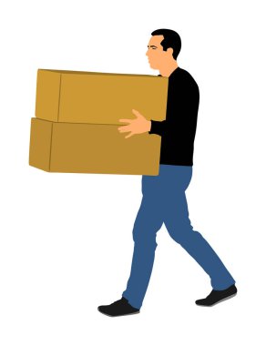 Teslimatçı, kutu eşya taşıyor. Paketli postman. Dağıtım ve tedarik. Çocuk taşıma hizmeti için ağır paket tutuyor. Kullanışlı adam hareket eylem yürüyor. El taşımacılığı yöntemi.