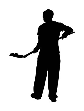 Bahçıvan toprak vektör siluet illüstrasyon kazma. Toprakla kirli maça. Bahçede kürekli adam çalışıyor. Maçalı inşaat işçisi. Kürekli çiftçi. Digger işçi madenciliği.