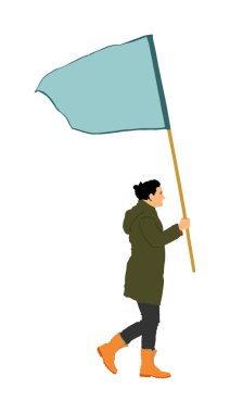 Woman walking with flag vector illustration isolated on white background. Angry protester on the street. Fighter for labor rights. Human rights agitation. Factory strike, walkout. Sport supporter fan. clipart
