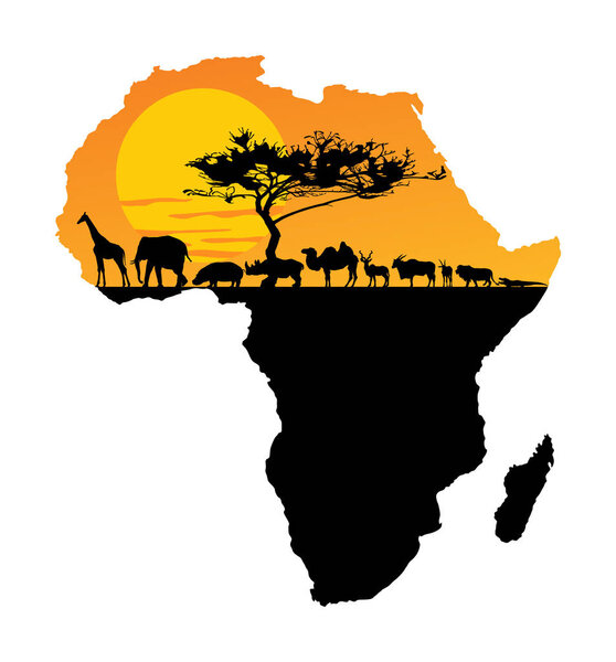 Африканские животные над картой Африки. Закат сафари. Животные Саванны. Большая пятерка под деревом акации. Проездной билет на природу Африки. Жираф, слон, носорог, бегемот, лев, крокодил
...