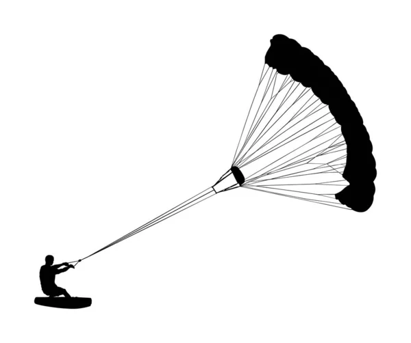 Mann Reitet Kiteboard Vektor Silhouette Extremsport Kitesurfen Mit Fallschirm Kitesurfer — Stockvektor