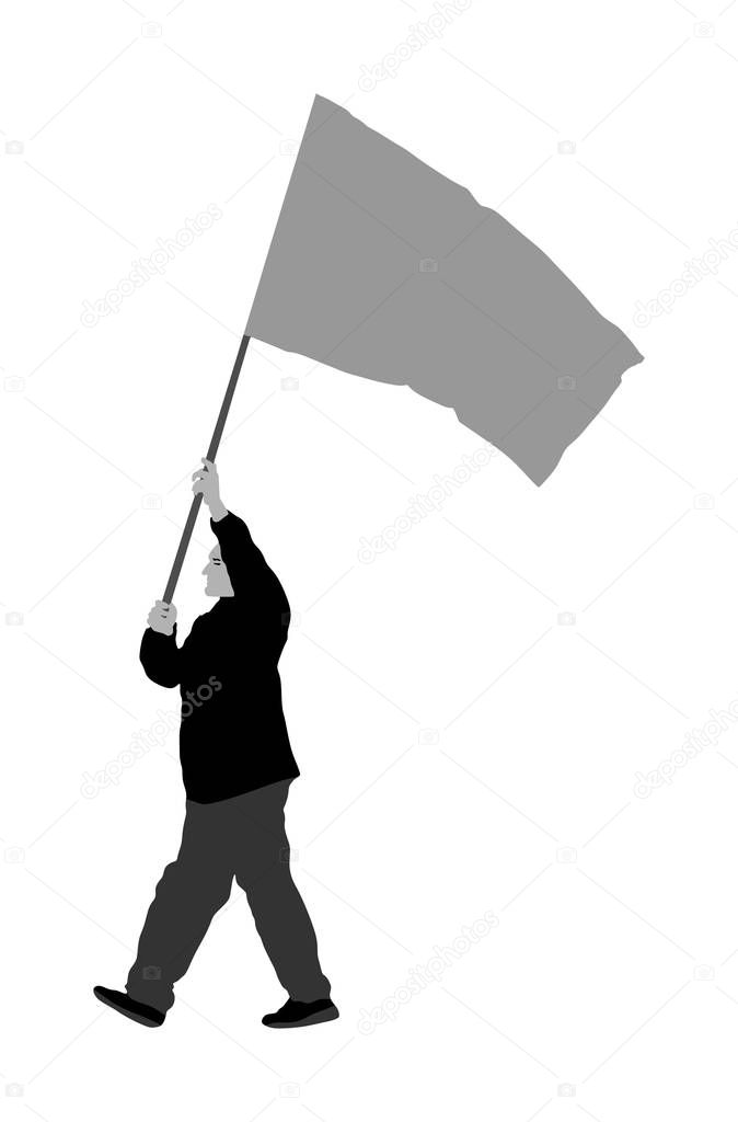 Man walking with flag vector illustration isolated on white background. Angry protester on the street. Fighter for labor rights. Human rights agitation. Factory strike, walkout. Sport fan support team