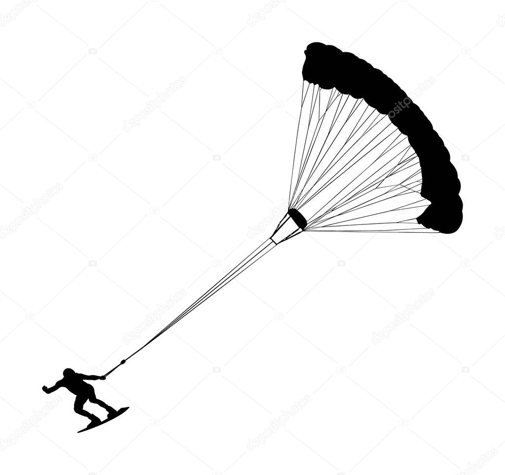 Man riding kiteboard vector silhouette. Extreme water sport kiteboarding with parachute. Kite surfer on waves. Kite surfing on beach, enjoying in summer holiday time. Kitesurfer.