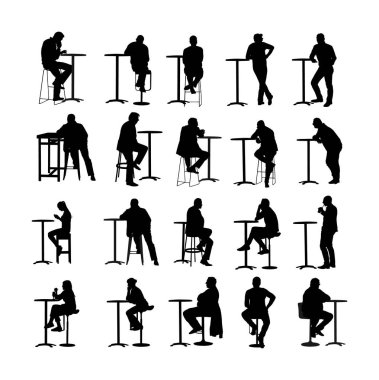 İnsanlar oturan ve kamu bar vektör siluet illüstrasyon bekliyor. Arkadaşlar içiyor. Gece kulübü konukları, şehir hayatı. Sokakta snack bar. Restoranda işten sonra dinlenme molası.