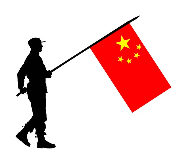 Китайский Солдат Национальным Флагом Китая Векторный Силуэт Церемониальный День Независимости — стоковый вектор