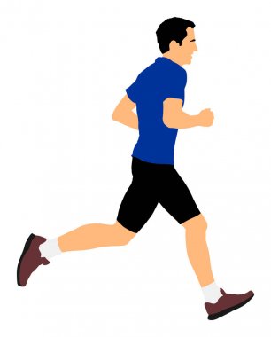 Maraton yarışçısı koşuyor. Egzersiz insanlar vektör illüstrasyon. Sağlıklı yaşam tarzı adamı. Spor yarışı. Sokakta ki şehir koşucusu. Sağlık konsepti. Stresli iş gününden sonra koşu. Sağlık genç adam.