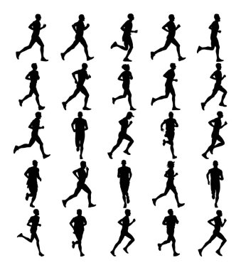 Maraton yarışçıları koşuyor. Maraton insanlar vektör siluet illüstrasyon. Sağlıklı yaşam tarzı kadın ve erkek Geleneksel spor yarışı. Sokaktaki şehir koşucuları. Takım oluşturma konsepti. Sporcu spor hobi