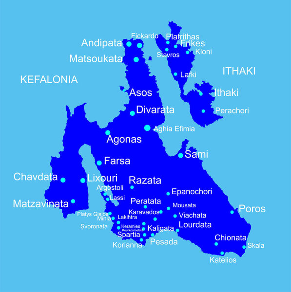 Island of Cephalonia in Greece vector map silhouette illustration isolated on blue background. Ithaki, Ithaca island near the Kefalonia.