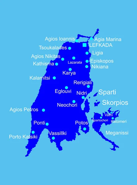 ギリシャのレフカダ島のベクトルマップシルエットは青い背景に隔離された詳細なイラスト アイオニア島ギリシャの楽園の島 — ストックベクタ