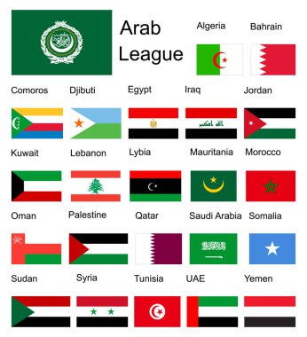 Arap Birliği Arap üye ülkeler vektör bayrakları. Orijinal ve basit Arap birliği üyeleri bayrak resmi renklerde ve orantılı doğru izole vektör. Orta Doğu eyaletleri ve Afrika'nın bazı ülkeleri.