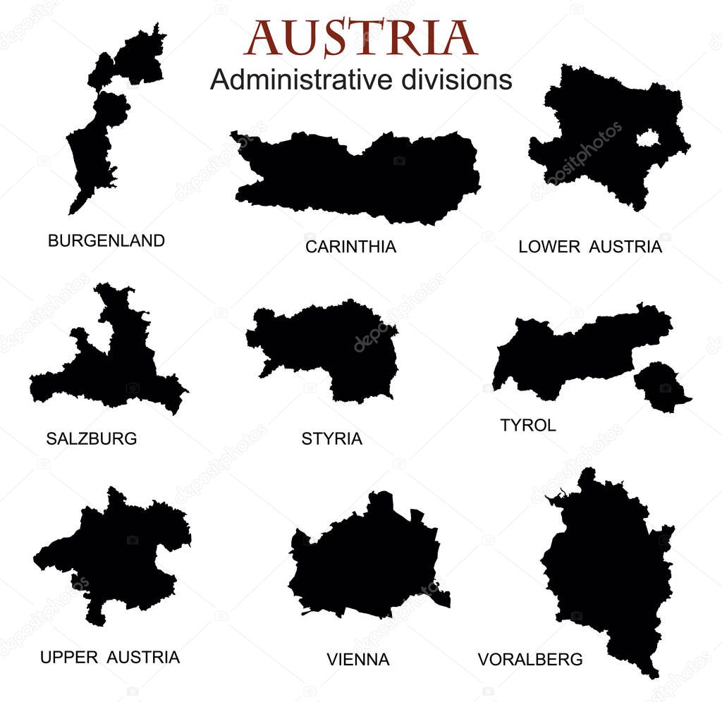 Silhouettes of the federal states of Austria, vector illustration. Austria map of federal states. Burgenland, Carinthia, Salzburg, Styria, Tyrol, Vienna, Voralberg, Lower and Upper Austria.