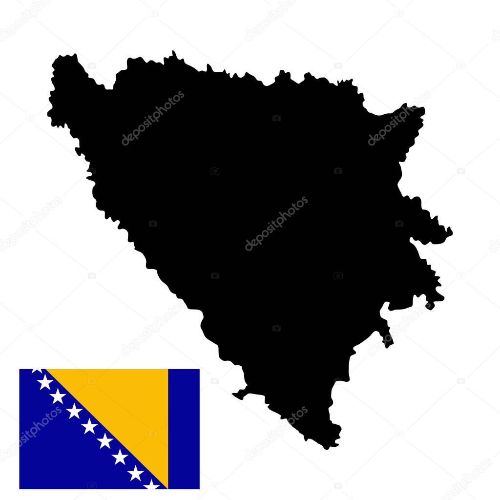  Bosnia and Herzegovina vector map silhouette and vector flag isolated on white background. High detailed silhouette illustration. Balkan country, former Yugoslavia state member.