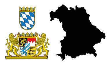 Bavyera, Almanya, resmi renklerde izole vektör ve Oran Doğru büyük arması. Yüksek detaylı vektör haritası - Bavyera/Bayern, siluet illüstrasyon izole. Almanya'da il. 