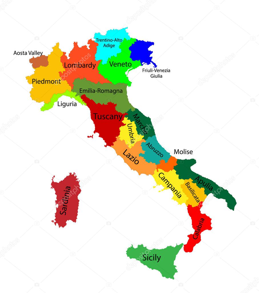 Editable colorful vector map of Italy. Vector map of Italy isolated on background. High detailed. Autonomous communities of Italy. Administrative divisions of Italy, separated provinces. outline map. 