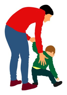 Anne bebeğe yürümeyi öğretiyor, vektör illüstrasyonbeyaz arka plan üzerinde izole. Hayattaki ilk adımlar. Ebeveyn desteği çocuk. Annem küçük çocuğu sever. Bebek bakıcısı sevimli bebeğe değer veremis. Genç kadın ve oğlu.