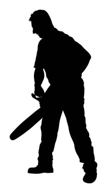 Beyaz arka plan üzerinde izole testere vektör silueti ile Lumberjack. ağaçkakan görevbaşında. Logger çalışanı. Lumberman iş başında. Oduncu vektörü. Testereli adam. Ormancı işçisi. Ahşapta endüstriyel iş.