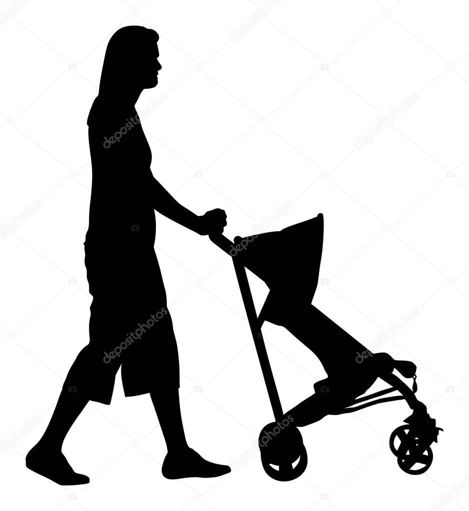 Woman with baby and pram silhouette isolated on white background, vector of baby carriage. Young woman walking with little child in baby stroller. Baby trolley silhouette.