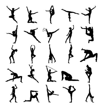 Spor salonunda ki atlet kadın. Bale kız vektör figürü beyaz arka plan üzerinde izole. Jimnastik çiliyi. Ritmik Jimnastik bayan vektör siluet büyük grup. Kadın spor aktivitesi.