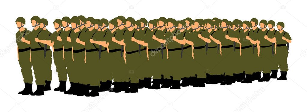 Troop of soldiers formation vector illustration isolated on white background. Saluting army soldier's (Memorial day, Veteran's day, 4th of July, Independence day).  Strong force parade demonstration.