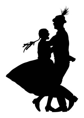 Macar halk dansçıları çift vektör siluet illüstrasyon. Aşık Almanya halk dansçısı çift. Avusturyahalk dansçıları çift. Doğu Avrupa folkloru. Balkan halk dansları. Geleneksel düğün folklor olayı.