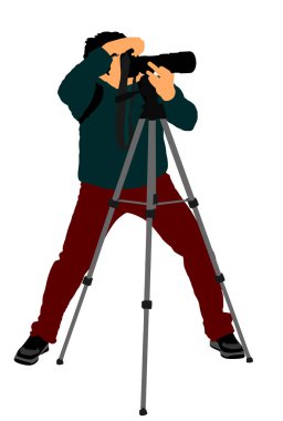 Tripod vektör illüstrasyon ile Peyzaj fotoğrafçısı. Paparazzi olay çekim, siluet illüstrasyon beyaz arka plan üzerinde izole. Fotoğraf muhabiri görevbaşında. Kameraman spor etkinliği.