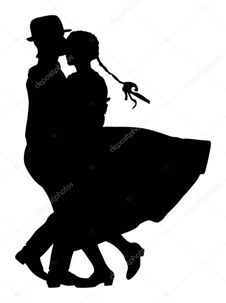 Hungarian folk dancers couple vector silhouette illustration. Germany folk dancer couple in love. Austrian folk dancers couple. East Europe folklore. Balkan folk dancing. Traditional wedding folklore event.