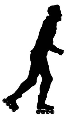Park patenadam pateni vektör siluet beyaz arka plan üzerinde izole. Sıralı paten. Patenci çocuk tekerleklere biniyor. Açık şehir sporaktivitesi.