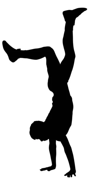 年轻人在做手推车运动 运动员在手倒立的位置矢量轮廓说明 站在手边摆姿势 手倒立杂技 城市街头表演者 马戏团里的特技 — 图库矢量图片