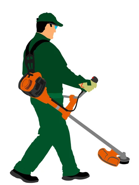 Çim düzeltici işçi vektör illüstrasyon. Bahçe işi. Man açık çim kesme Lawn Trimmer. Bahçıvan çalışıyor. Peyzajcı. park ortak kentsel hizmet faaliyetinde işçi. Yeşil alan bakımı.