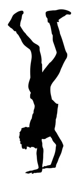 Young Man Doing Cartwheel Exercise Sportsman Handstand Position Vector Silhouette — 스톡 벡터