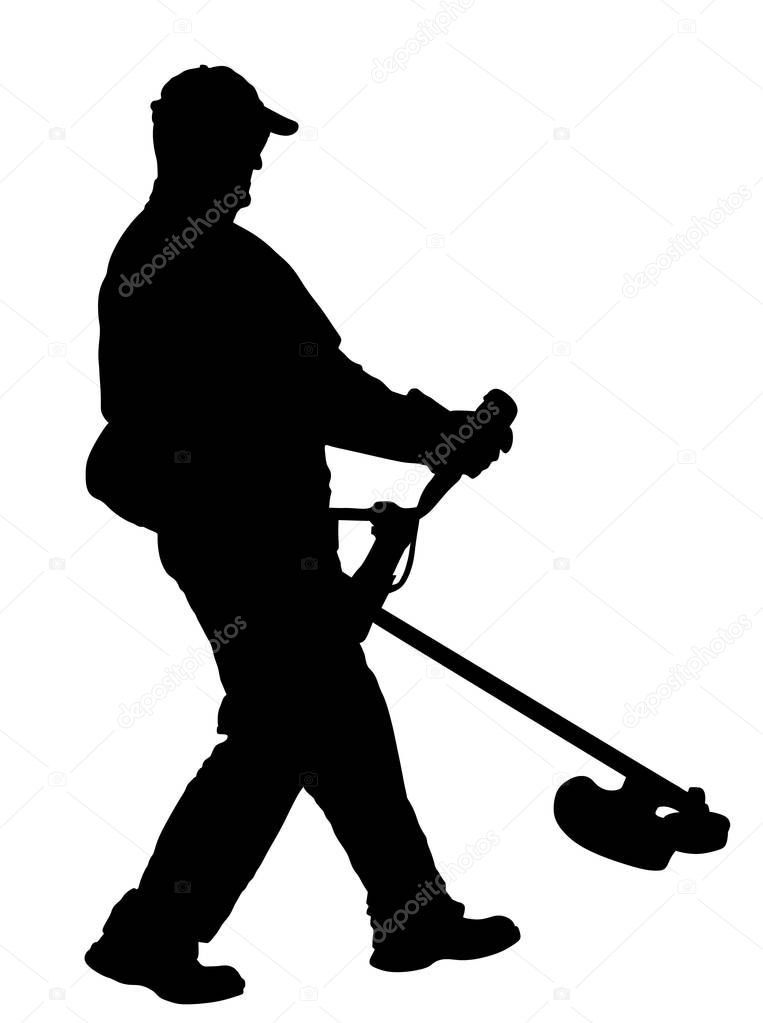 Grass trimmer worker vector silhouette. Garden work. Man outdoor grass cutting Lawn Trimmer. Gardener working. Landscaper. laborer in park communal urban service activity. Green field care.