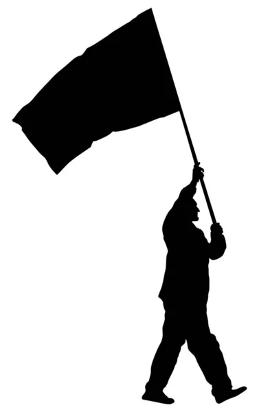 白い背景に隔離されたフラッグベクトルシルエットイラストで歩く男 路上で怒っている抗議者 労働者の権利のための戦士 人権の動揺工場ストライキ ウォークアウト スポーツファンサポートチーム — ストックベクタ