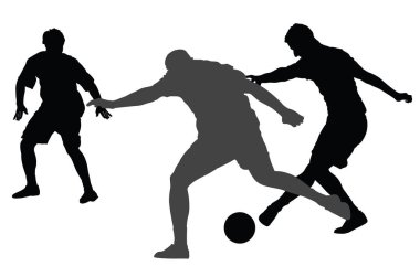 Düello vektör siluet illüstrasyon futbol oyuncuları beyaz arka plan üzerinde izole. Futbolcu top ve pozisyon için savaş. Çekici spor oyunu, sahnede superstars.