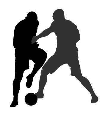 Düello vektör siluet illüstrasyon futbol oyuncuları beyaz arka plan üzerinde izole. Futbolcu top ve pozisyon için savaş. Çekici spor oyunu, sahnede superstars.
