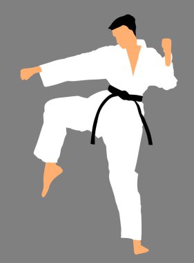 Kimono vektör illüstrasyon karate adam savaşçı. Japonya geleneksel dövüş sanatı. Erkek kendini savunma sunumu. Sağlıklı vücut sağlıklı zihin. Saldırganlara karşı kendini koru. Spor Olimpik disiplin.