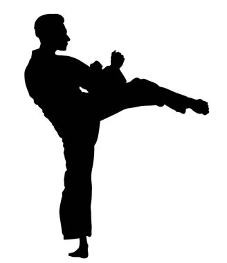 Kimono vektör siluetinde karate ciheti. Japonya geleneksel dövüş sanatı. Erkek kendini savunma sunumu. Sağlıklı vücut sağlıklı zihin. Saldırganlara karşı kendini koru. Spor Olimpik disiplin