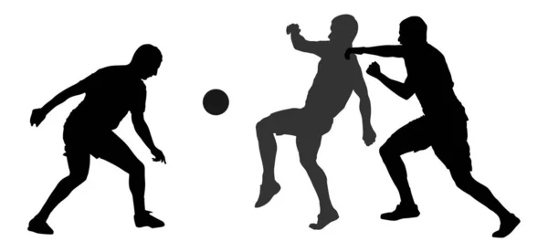 足球运动员在决斗矢量剪影插图孤立于白色背景 足球运动员为球和位置而战 有吸引力的体育游戏 现场的超级巨星 — 图库矢量图片