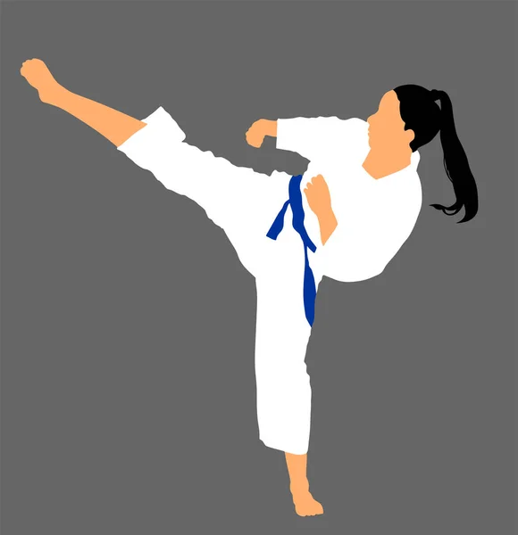 Karate woman fighter in kimono, vector illustration. Japan traditional martial art. Girl in self defense presentation. In healthy body healthy mind. Karate mom. Protect yourself against aggressor.